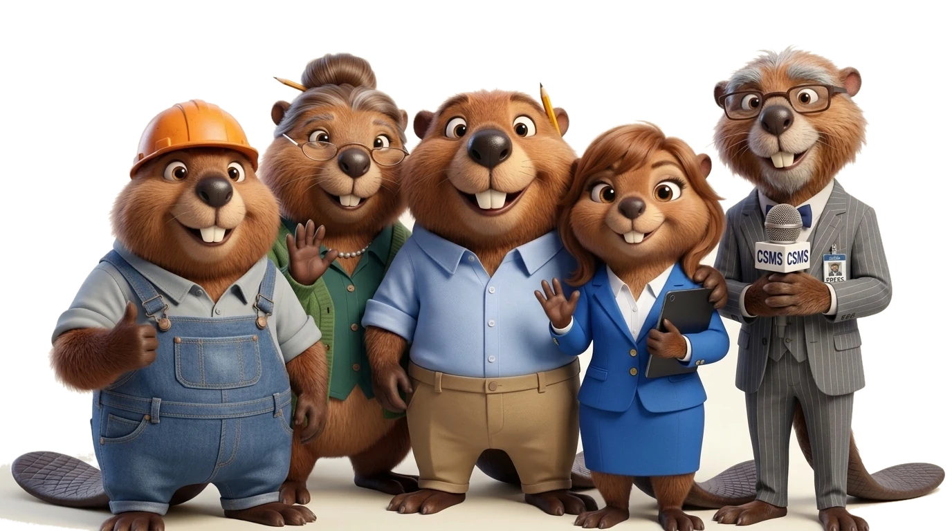 The MoveTogether crew — Dave, Julie, Sam, Billy and Walter, the beaver agents